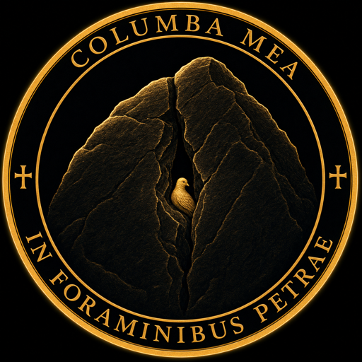The emblem of the Dovecote — a small dove at rest in the cleft of a rock, ringed Columba mea in foraminibus petrae