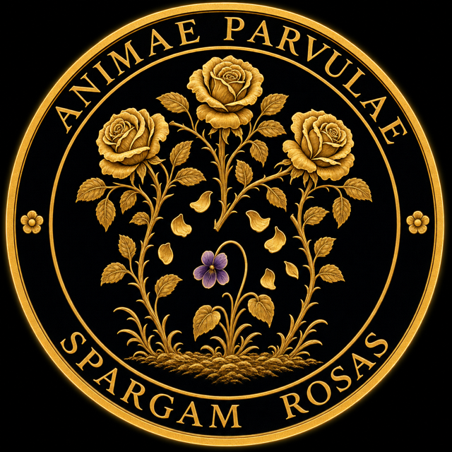 The seal of the Little Souls — a small violet growing beneath three roses, ringed Animæ Parvulæ, Spargam Rosas