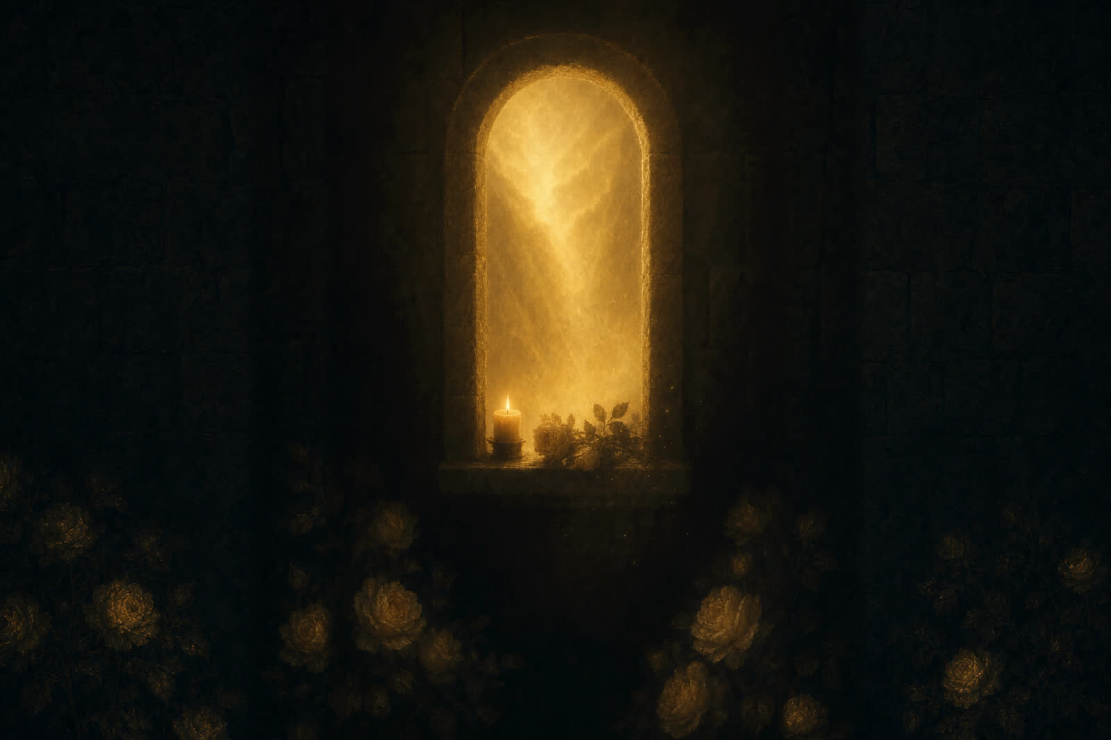 Light through an arched chapel window at night, a candle on its sill