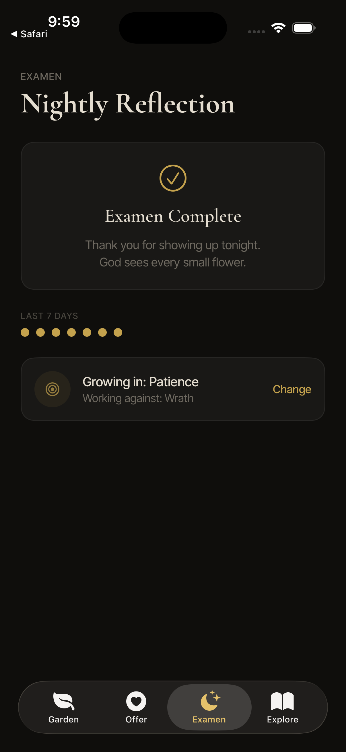Nightly examen with 7-day streak and virtue focus