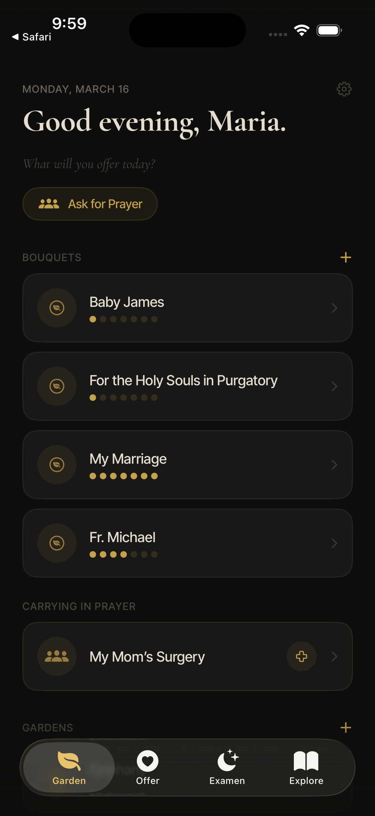 Little Way home screen showing bouquets, novena, and prayer gardens