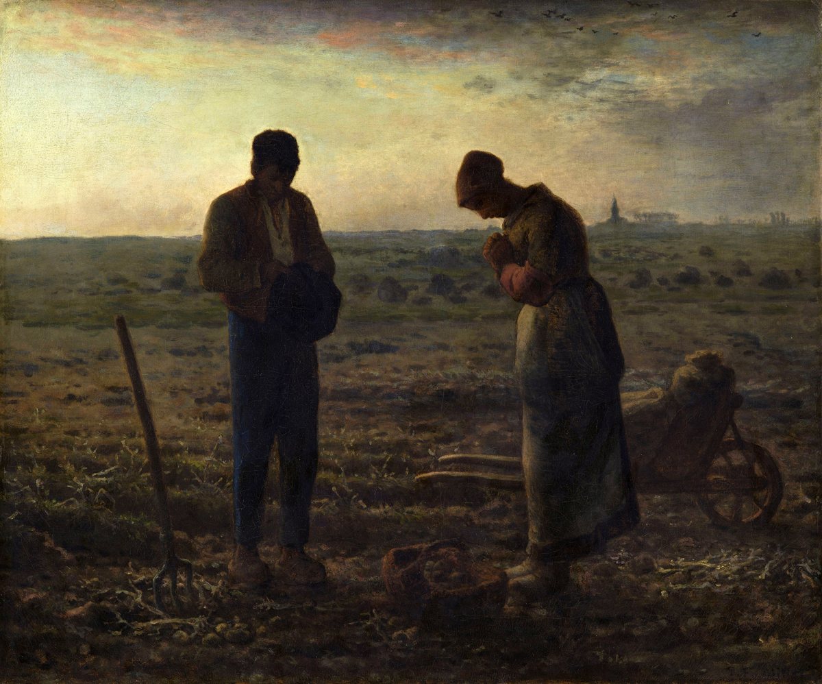 The Angelus by Jean-François Millet: two farm workers stand with heads bowed in a field at dusk as the church bell rings