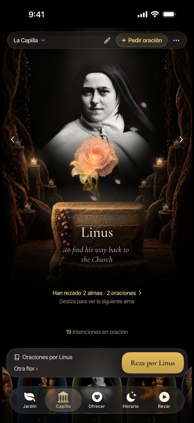 La Capilla: una intención por Linus, para que vuelva a la Iglesia, en el santuario de santa Teresita, con un botón para rezar por él