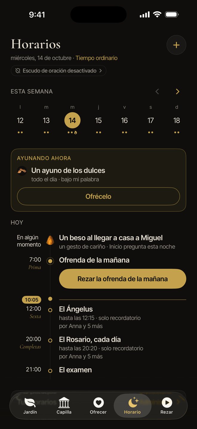 El Horario: un ayuno de dulces, un beso para Miguel, la ofrenda de la mañana a las 7, el Ángelus a mediodía, el Rosario a las 20:00 y el examen a las 21:00