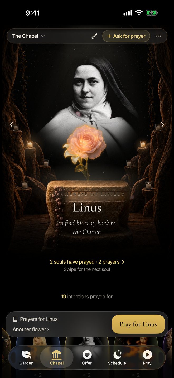 The Chapel: an intention for Linus, to find his way back to the Church, at the shrine of St. Thérèse, with a button to pray for him