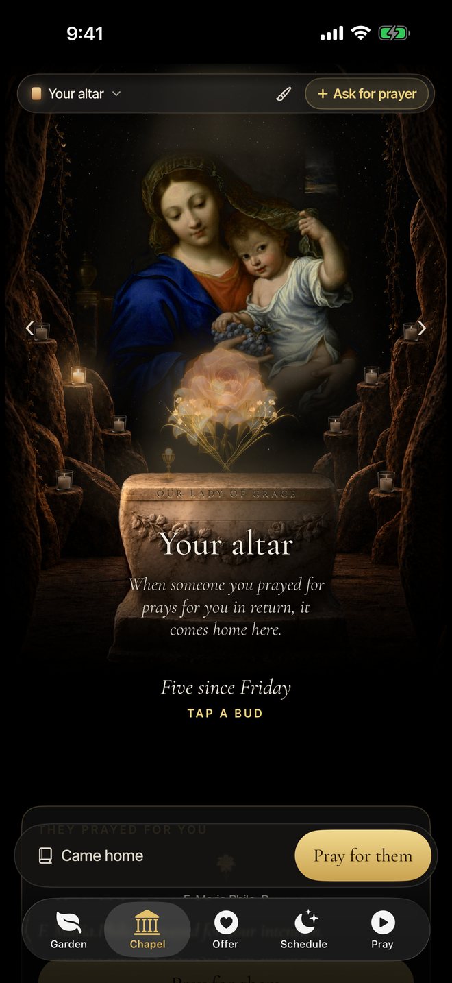 Your altar under Mignard's Virgin of the Grapes: when someone you prayed for prays for you in return, it comes home here. Five since Friday.