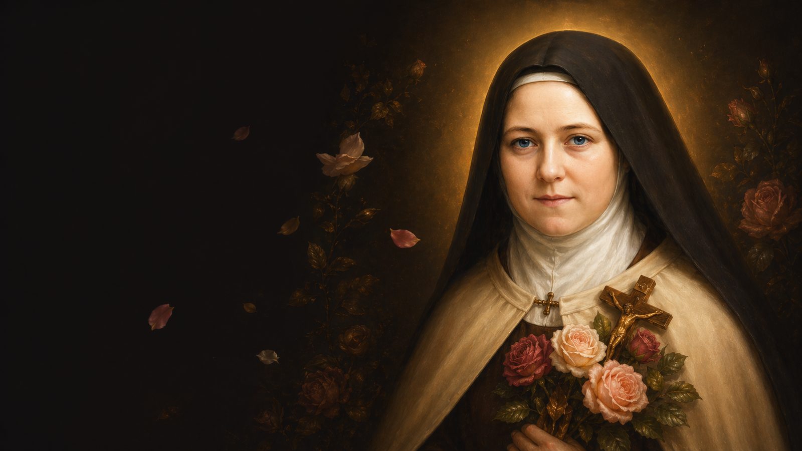 St. Thérèse of Lisieux holding roses and a crucifix