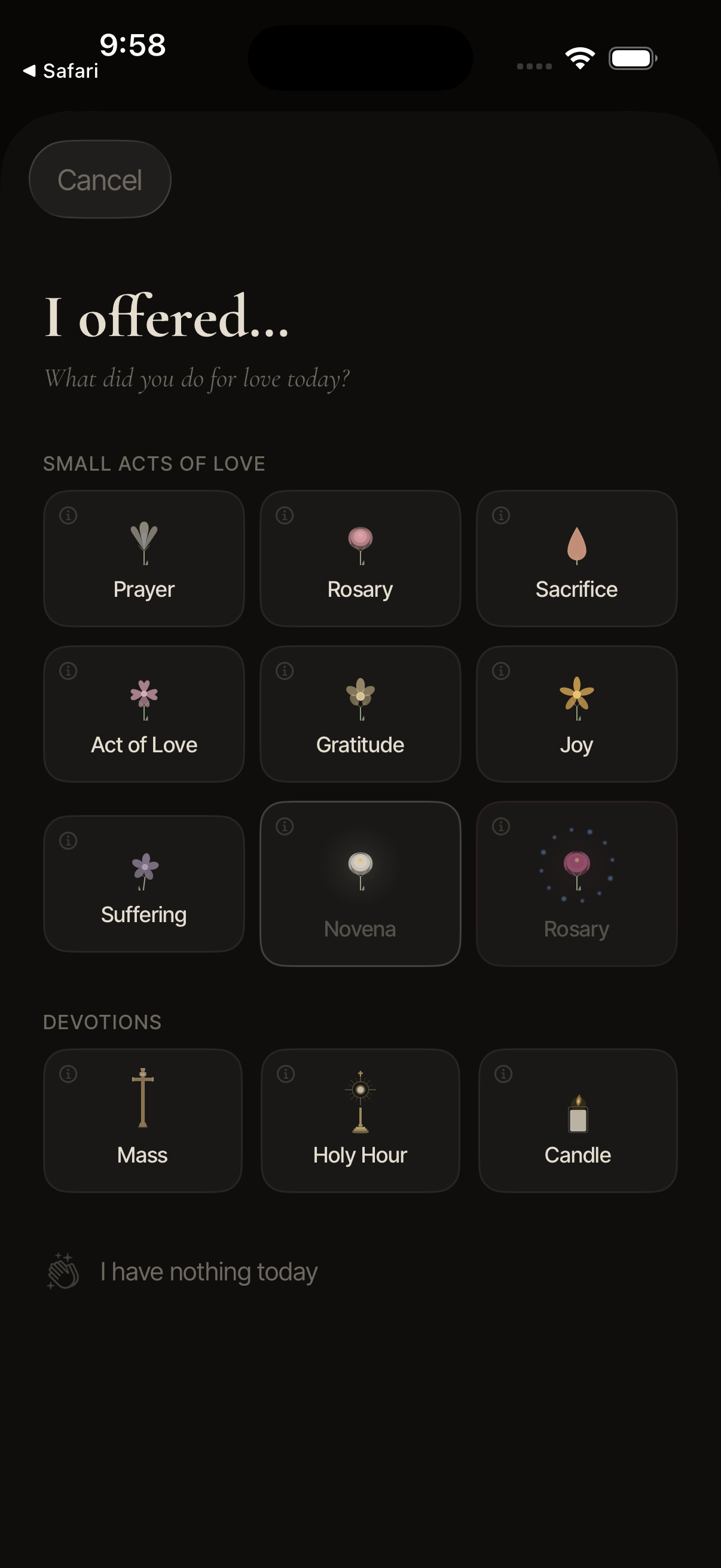 Offering selection — prayers, sacrifices, acts of love, devotions
