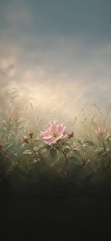 A single pale pink wild rose in bloom among grasses and buds in a soft, misted field.