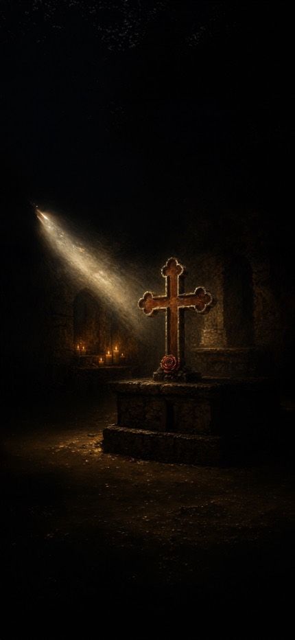 A weathered stone cross on an altar in a dark church, lit by a single shaft of light, with a rose laid at its base and candles burning nearby.