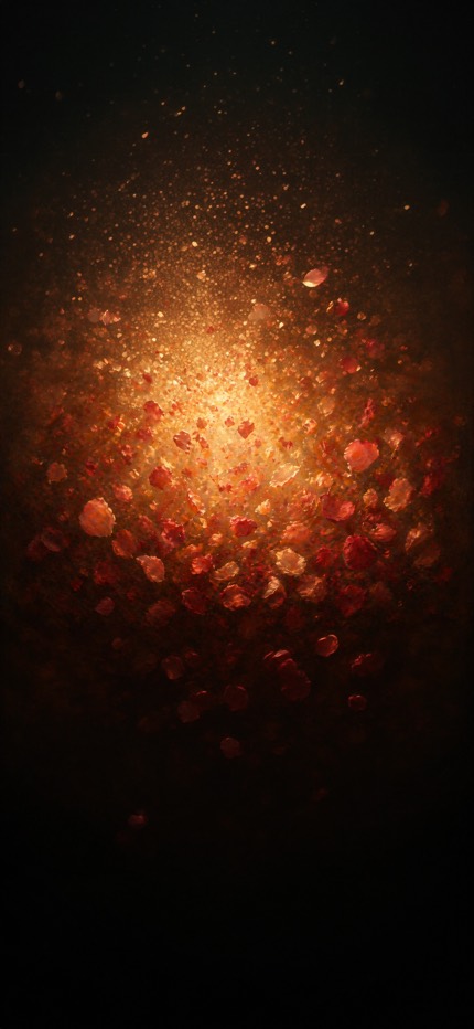 Rose petals falling through a warm gold light against a dark background.