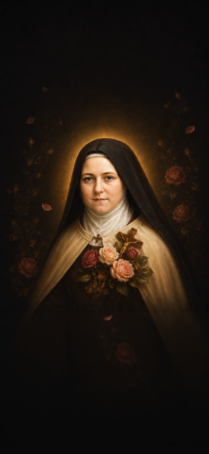 Painted portrait of St. Thérèse of Lisieux in a brown Carmelite veil and cream mantle, holding roses and a brass crucifix, lit by a gold halo against a dark background.